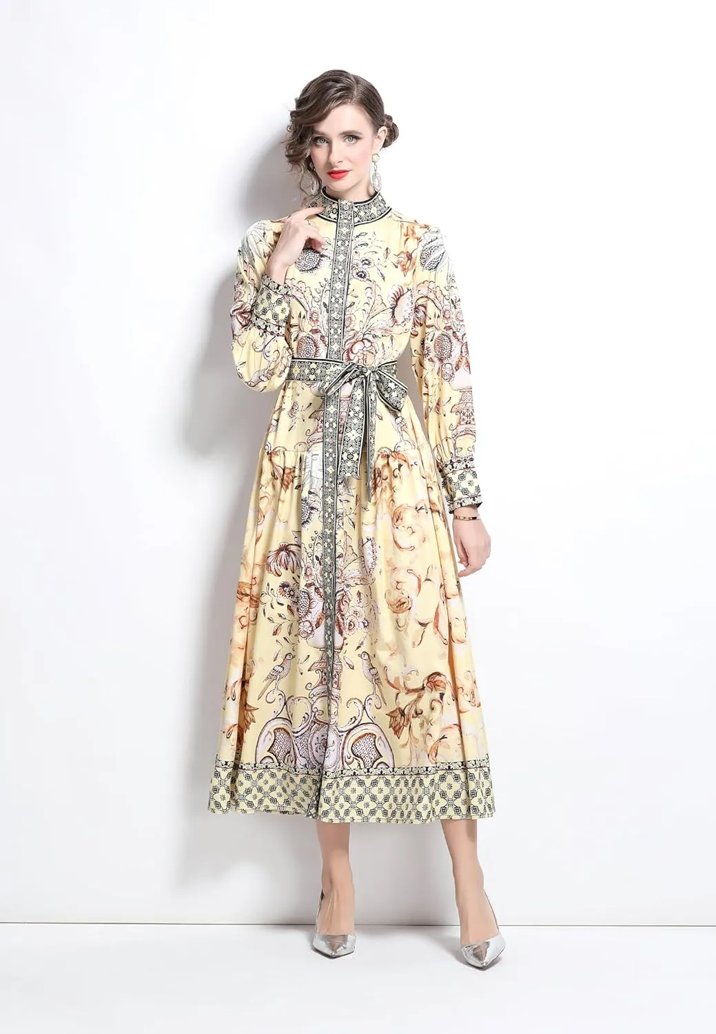 LAI MENG FIVE CATS Women's Floral Print Long Lantern Sleeve Button Up Loose Casual Maxi Dress