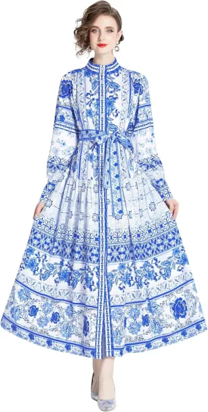 LAI MENG FIVE CATS Women's Floral Print Long Lantern Sleeve Button Up Loose Casual Maxi Dress