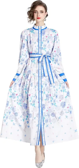 LAI MENG FIVE CATS Women's Floral Print Long Lantern Sleeve Button Up Loose Casual Maxi Dress