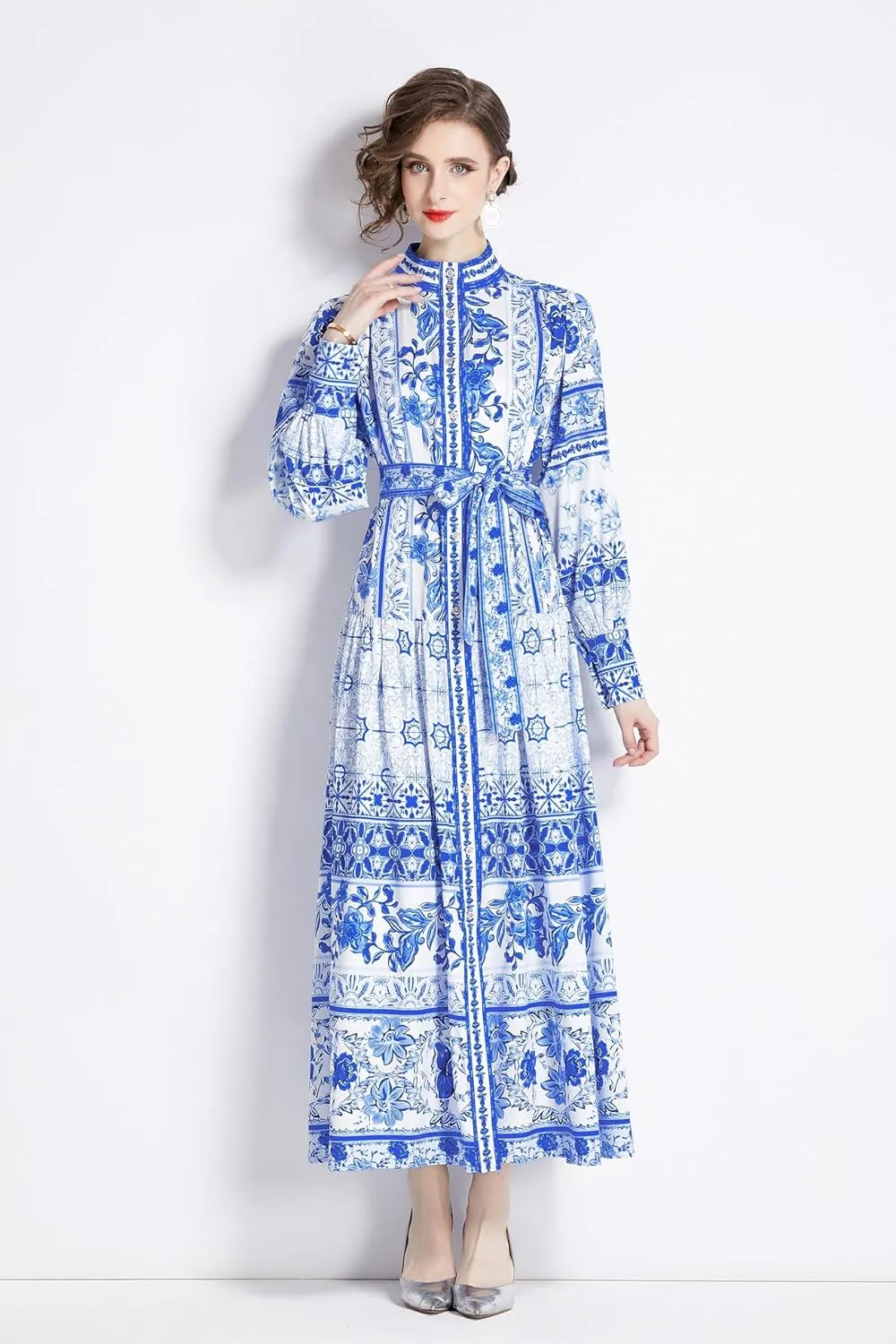 LAI MENG FIVE CATS Women's Floral Print Long Lantern Sleeve Button Up Loose Casual Maxi Dress