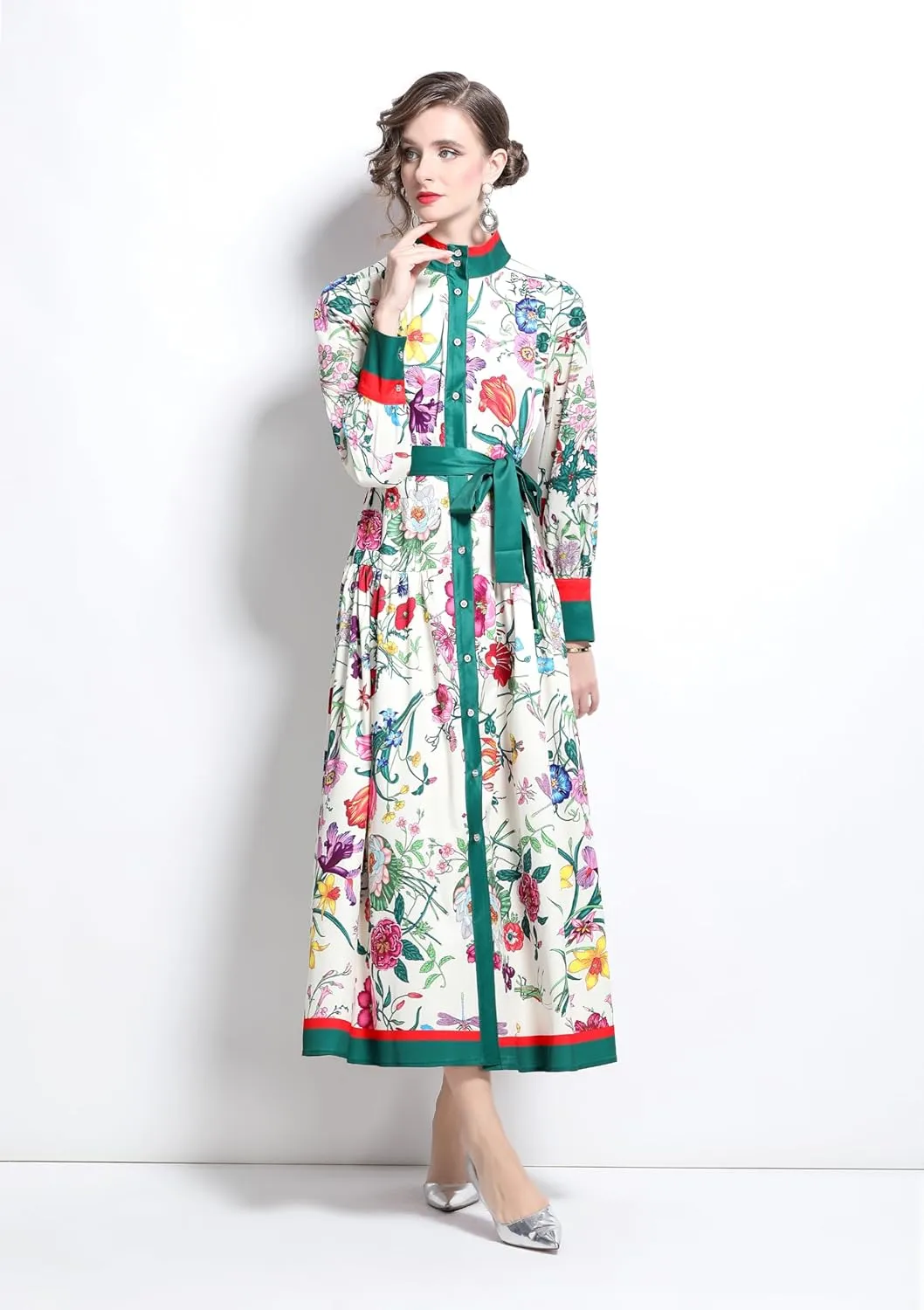 LAI MENG FIVE CATS Women's Floral Print Long Lantern Sleeve Button Up Loose Casual Maxi Dress