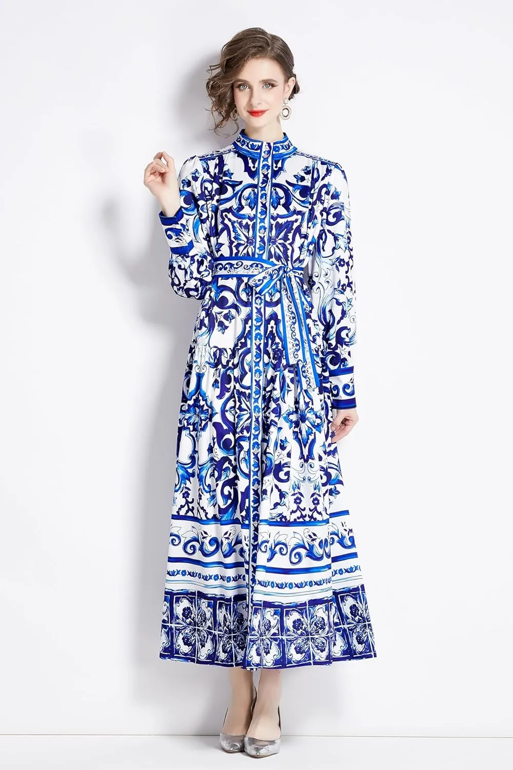 LAI MENG FIVE CATS Women's Floral Print Long Lantern Sleeve Button Up Loose Casual Maxi Dress