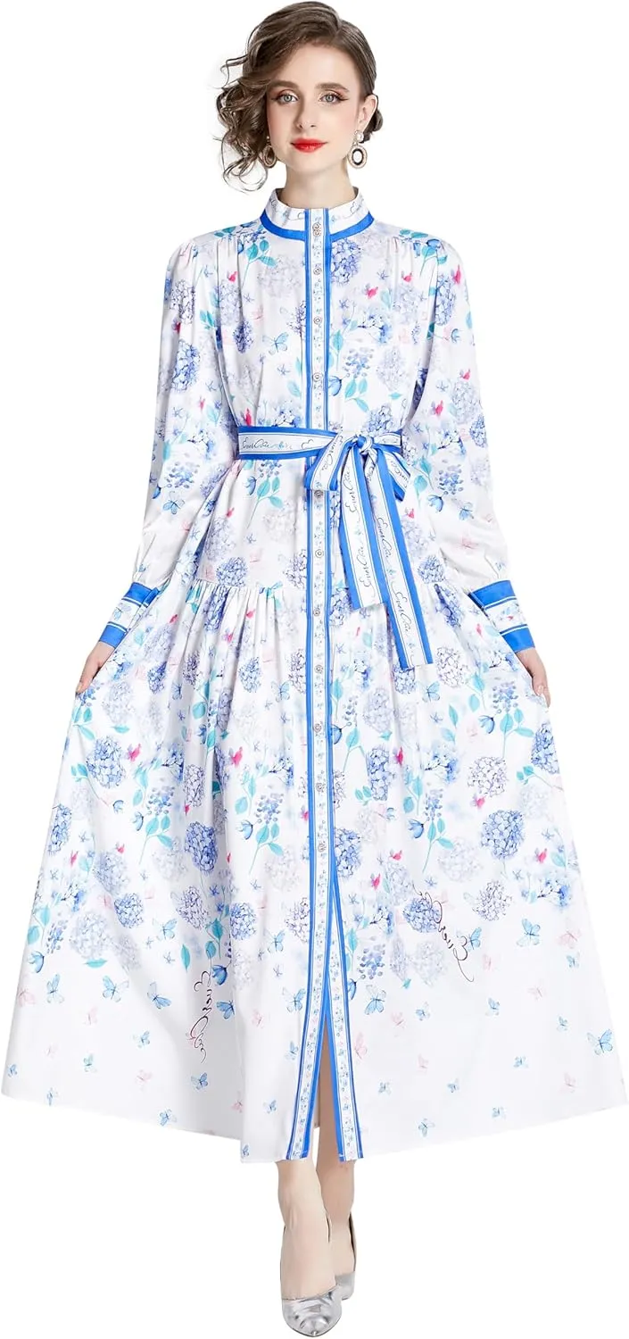LAI MENG FIVE CATS Women's Floral Print Long Lantern Sleeve Button Up Loose Casual Maxi Dress