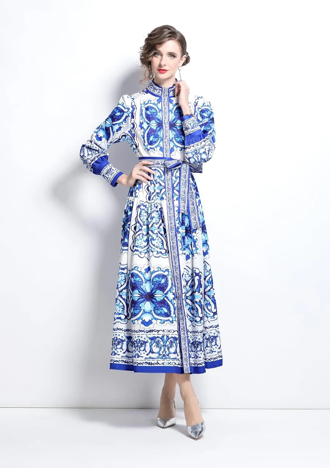 LAI MENG FIVE CATS Women's Floral Print Long Lantern Sleeve Button Up Loose Casual Maxi Dress