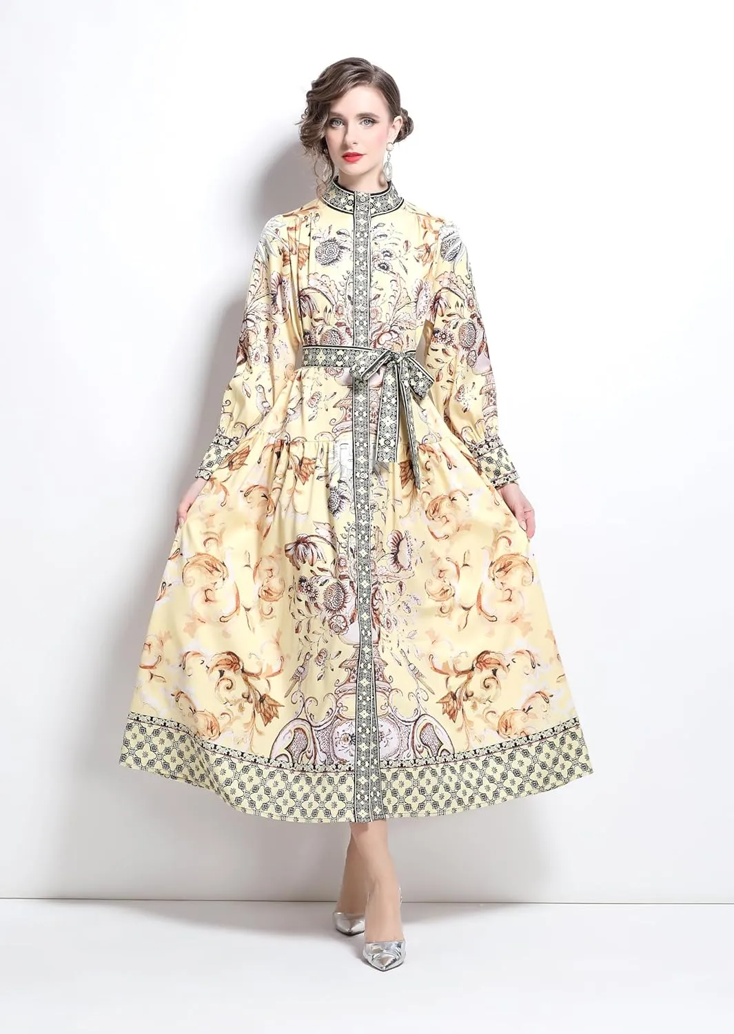 LAI MENG FIVE CATS Women's Floral Print Long Lantern Sleeve Button Up Loose Casual Maxi Dress