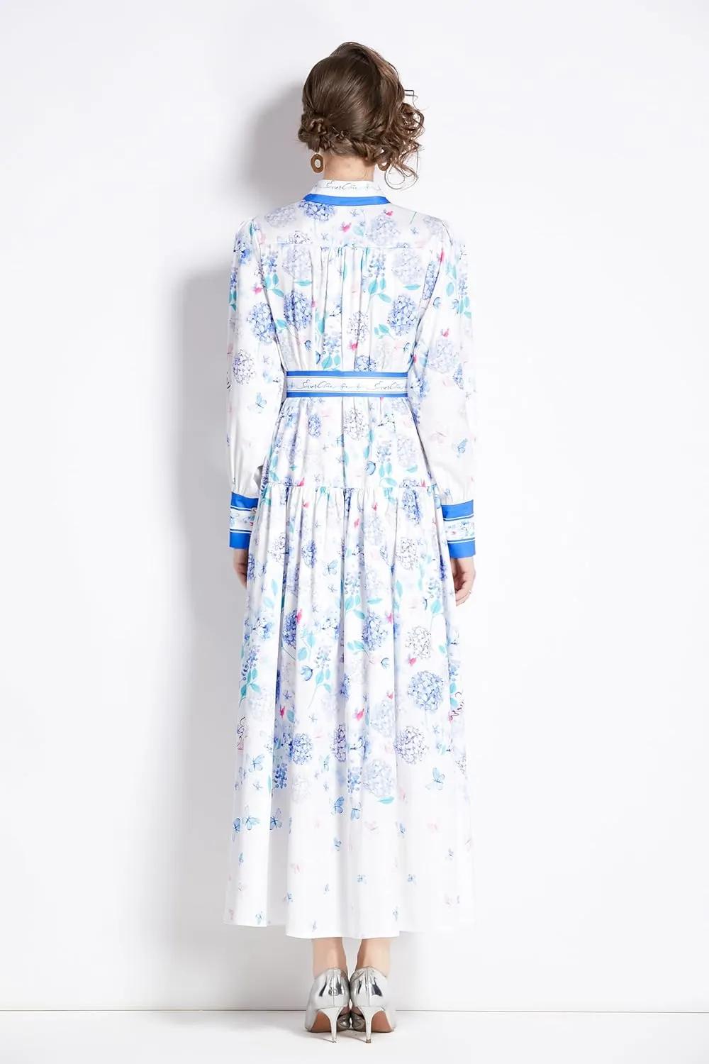 LAI MENG FIVE CATS Women's Floral Print Long Lantern Sleeve Button Up Loose Casual Maxi Dress