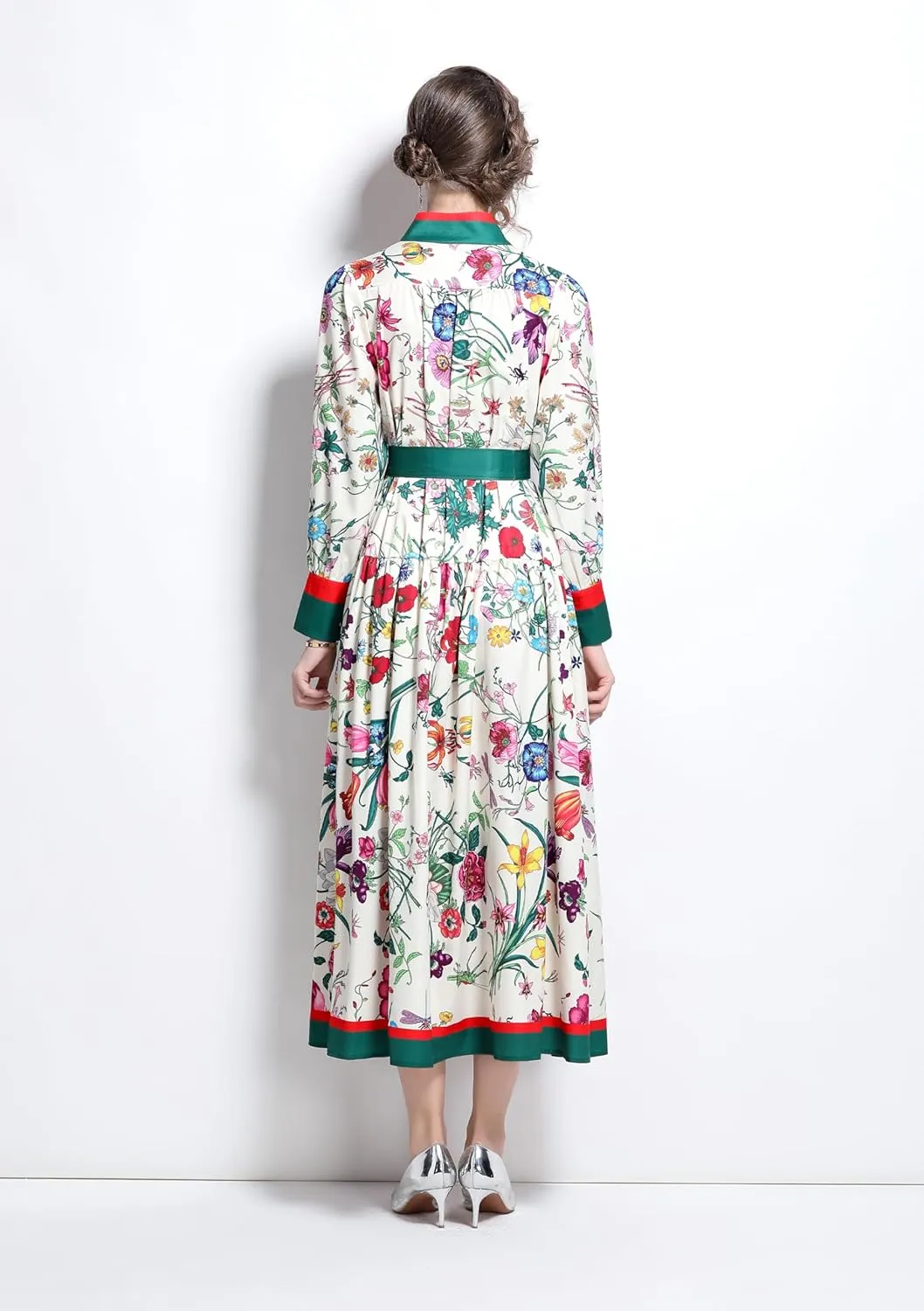 LAI MENG FIVE CATS Women's Floral Print Long Lantern Sleeve Button Up Loose Casual Maxi Dress