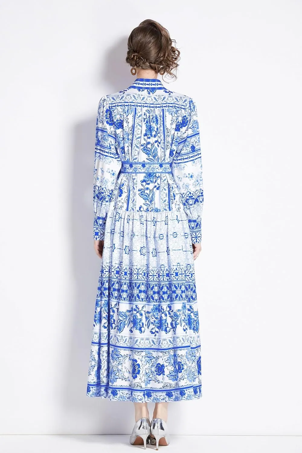 LAI MENG FIVE CATS Women's Floral Print Long Lantern Sleeve Button Up Loose Casual Maxi Dress