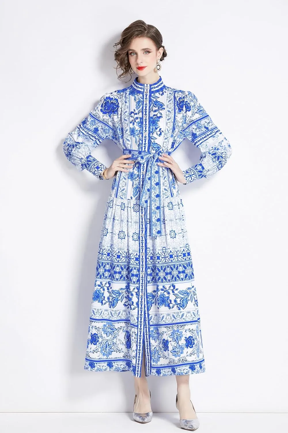 LAI MENG FIVE CATS Women's Floral Print Long Lantern Sleeve Button Up Loose Casual Maxi Dress
