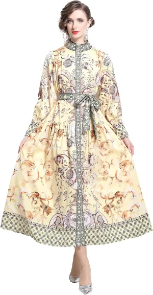 LAI MENG FIVE CATS Women's Floral Print Long Lantern Sleeve Button Up Loose Casual Maxi Dress