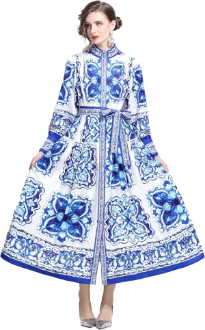 LAI MENG FIVE CATS Women's Floral Print Long Lantern Sleeve Button Up Loose Casual Maxi Dress