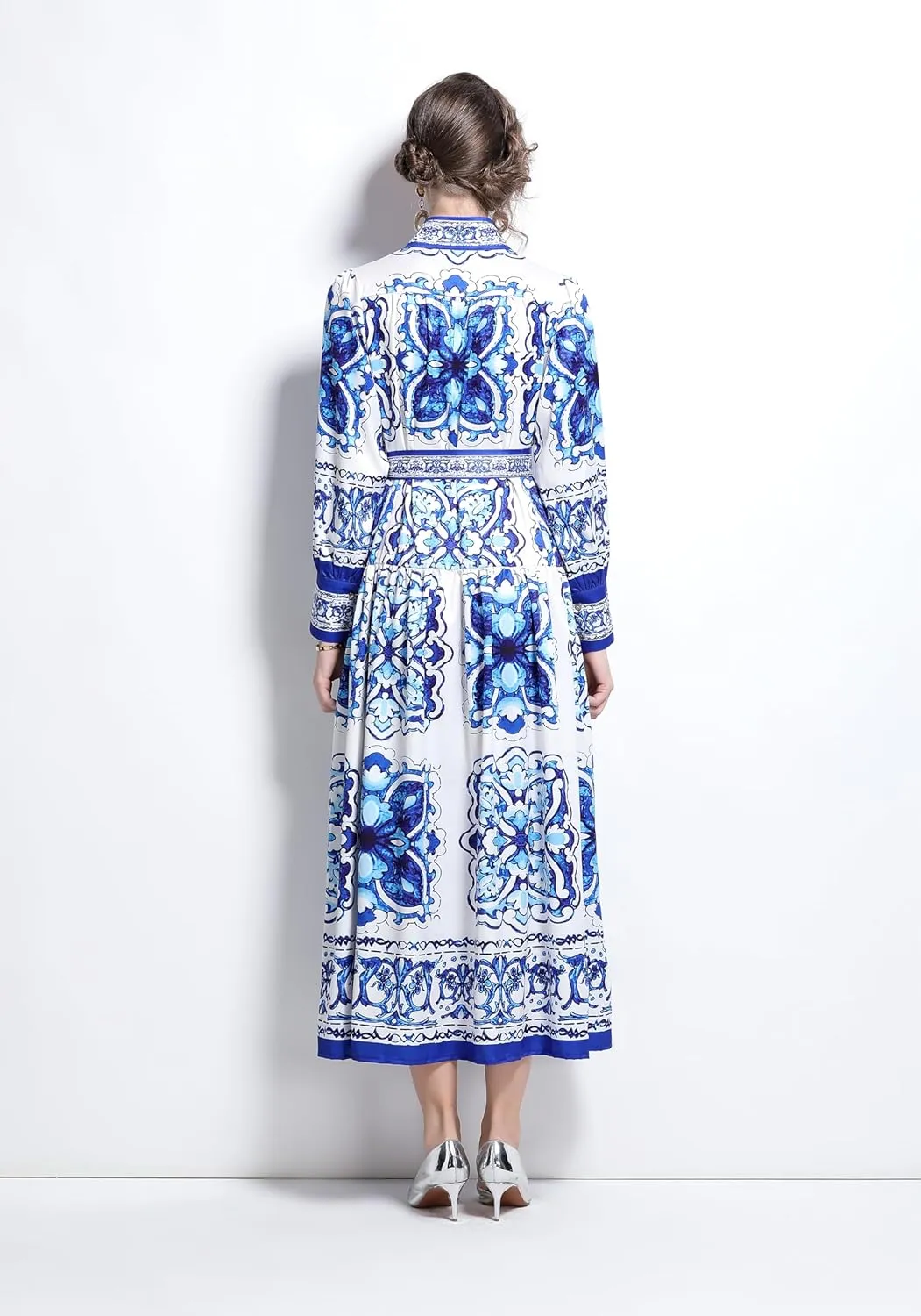 LAI MENG FIVE CATS Women's Floral Print Long Lantern Sleeve Button Up Loose Casual Maxi Dress