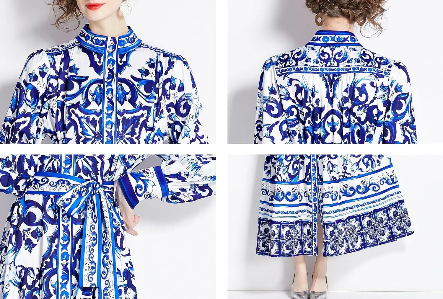 LAI MENG FIVE CATS Women's Floral Print Long Lantern Sleeve Button Up Loose Casual Maxi Dress