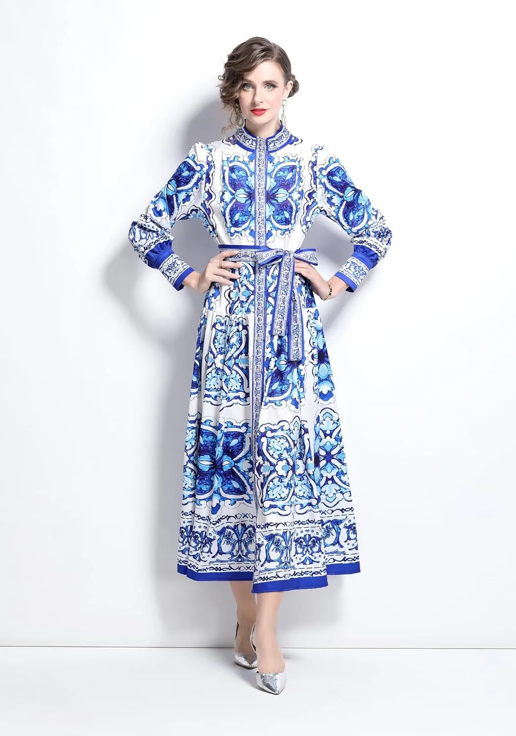 LAI MENG FIVE CATS Women's Floral Print Long Lantern Sleeve Button Up Loose Casual Maxi Dress