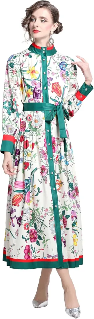 LAI MENG FIVE CATS Women's Floral Print Long Lantern Sleeve Button Up Loose Casual Maxi Dress