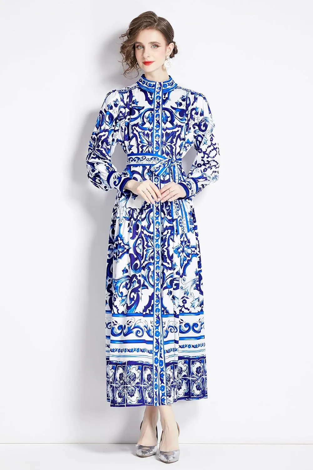 LAI MENG FIVE CATS Women's Floral Print Long Lantern Sleeve Button Up Loose Casual Maxi Dress