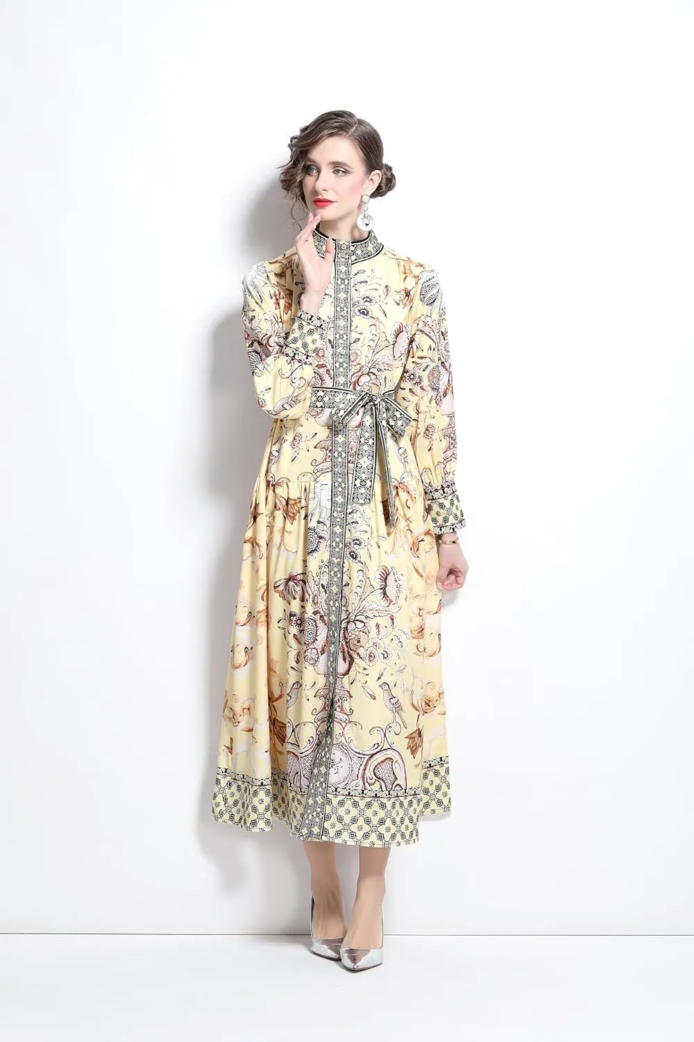 LAI MENG FIVE CATS Women's Floral Print Long Lantern Sleeve Button Up Loose Casual Maxi Dress