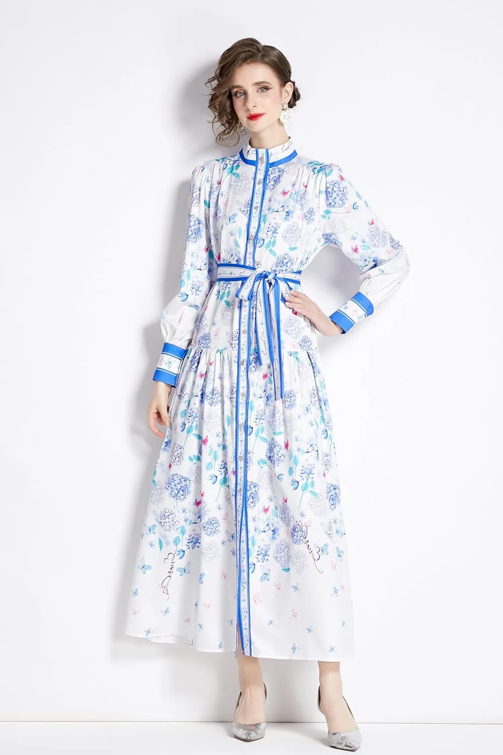 LAI MENG FIVE CATS Women's Floral Print Long Lantern Sleeve Button Up Loose Casual Maxi Dress