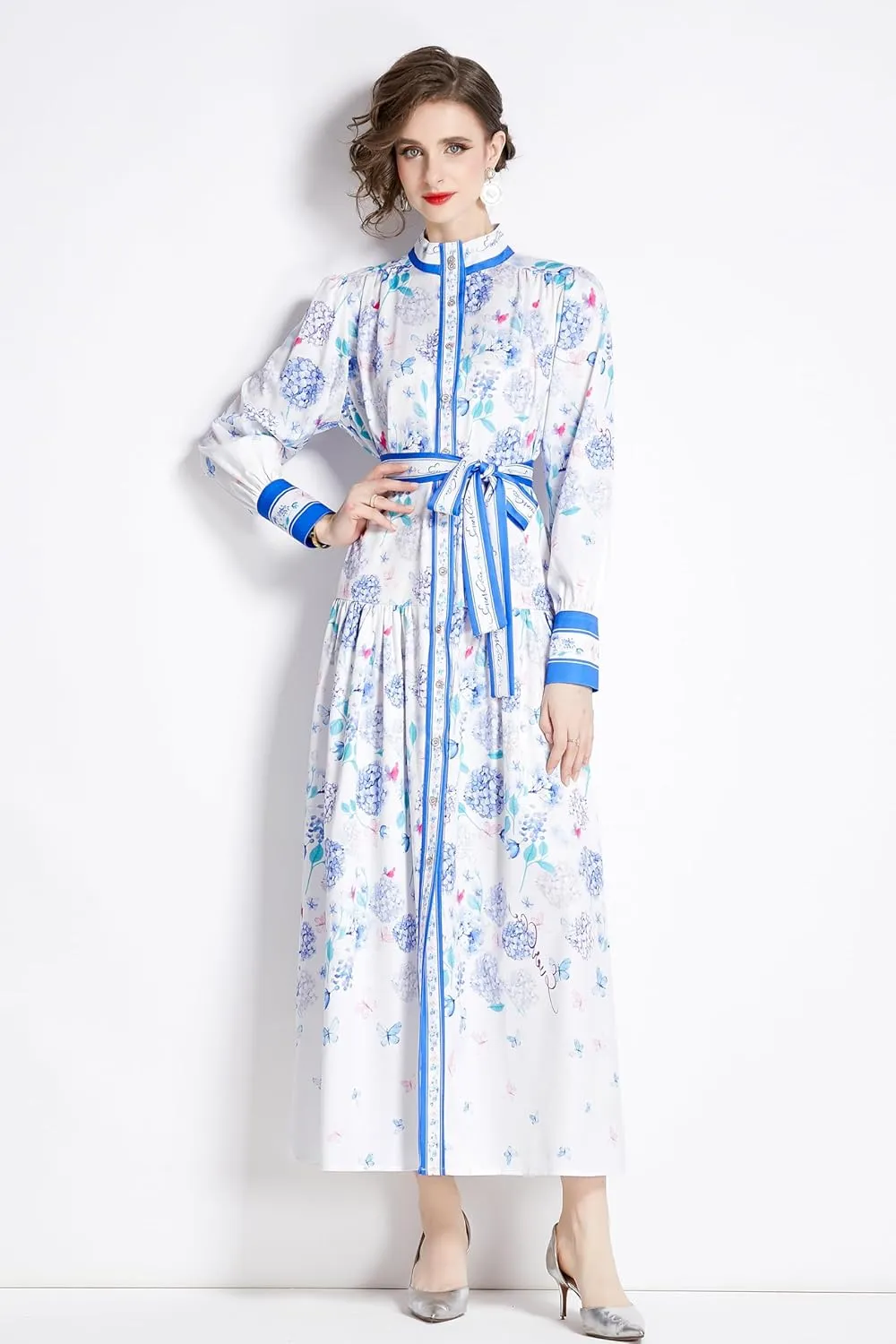 LAI MENG FIVE CATS Women's Floral Print Long Lantern Sleeve Button Up Loose Casual Maxi Dress