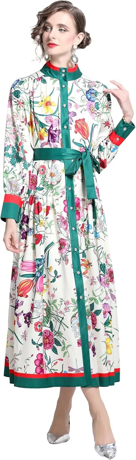 LAI MENG FIVE CATS Women's Floral Print Long Lantern Sleeve Button Up Loose Casual Maxi Dress