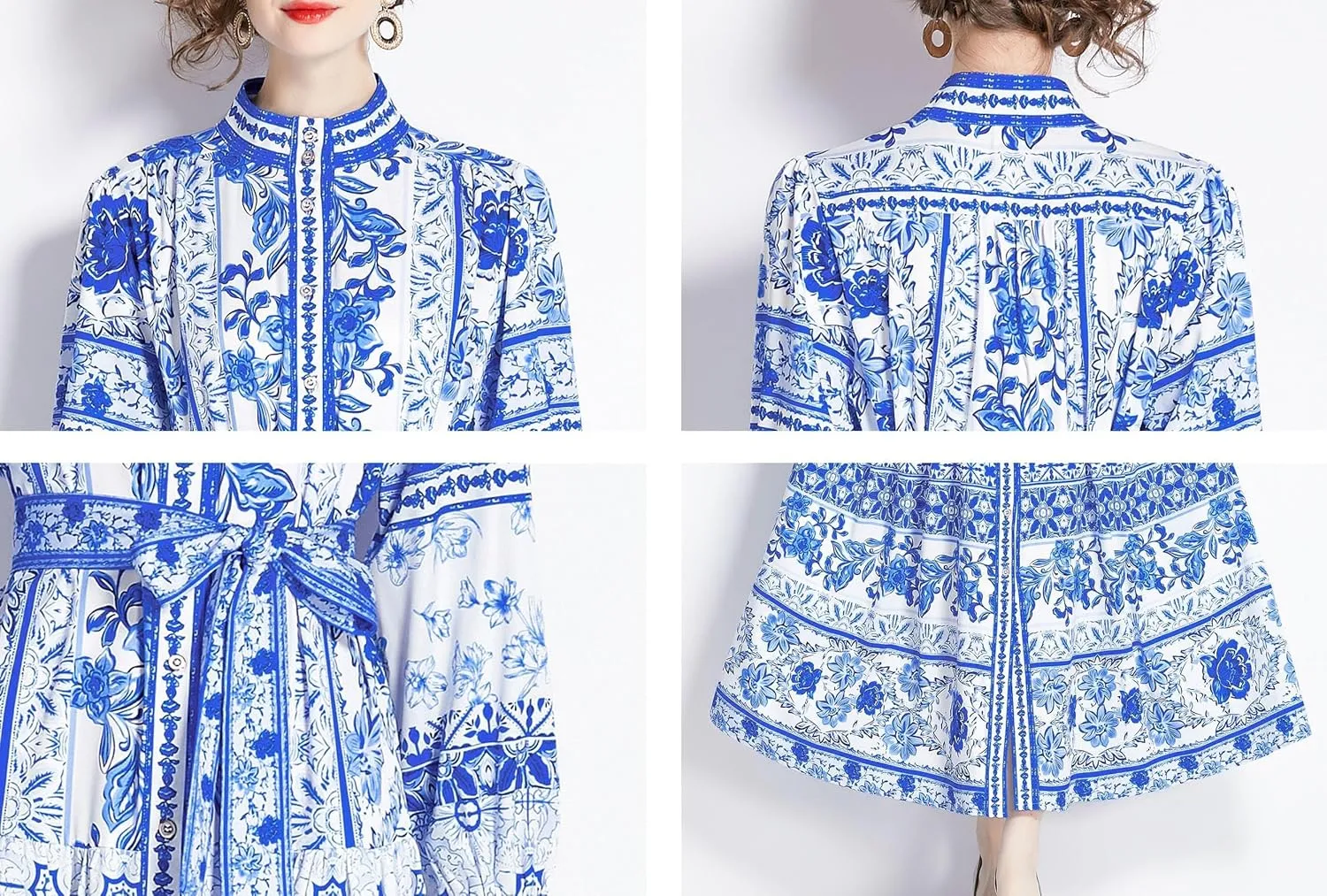 LAI MENG FIVE CATS Women's Floral Print Long Lantern Sleeve Button Up Loose Casual Maxi Dress