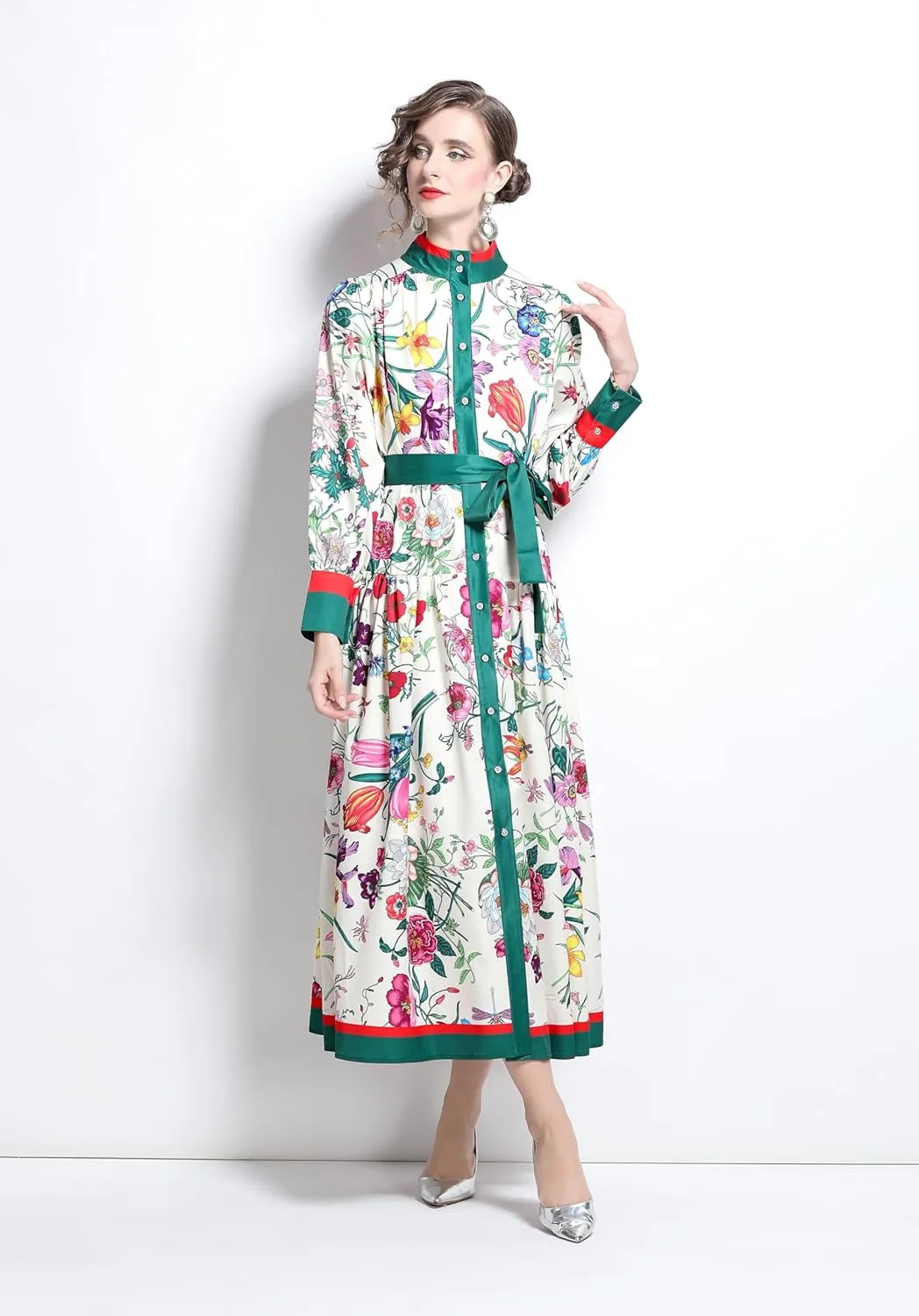 LAI MENG FIVE CATS Women's Floral Print Long Lantern Sleeve Button Up Loose Casual Maxi Dress