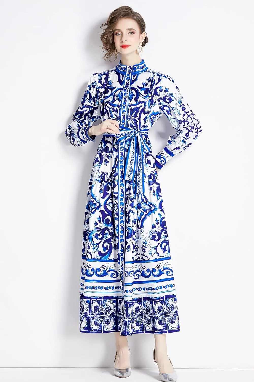 LAI MENG FIVE CATS Women's Floral Print Long Lantern Sleeve Button Up Loose Casual Maxi Dress