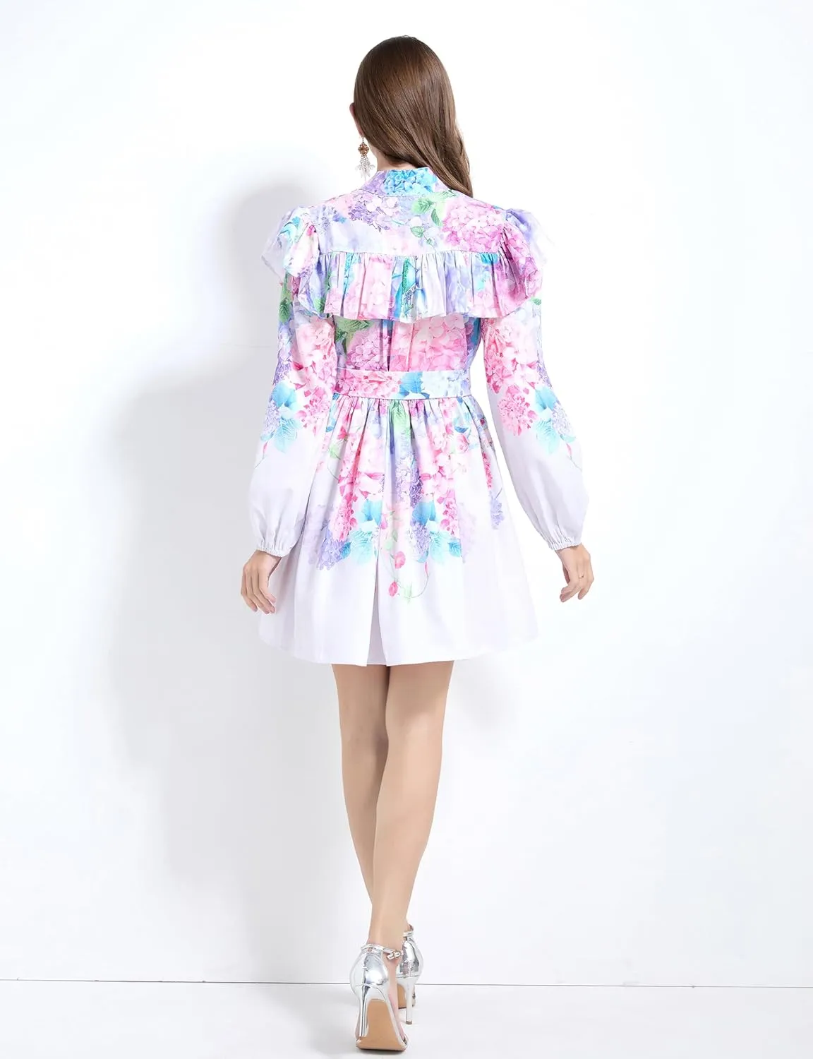 LAI MENG FIVE CATS Women's Floral Print Long Sleeve Button Ruffles Trendy Mini A-line Dress with Belt