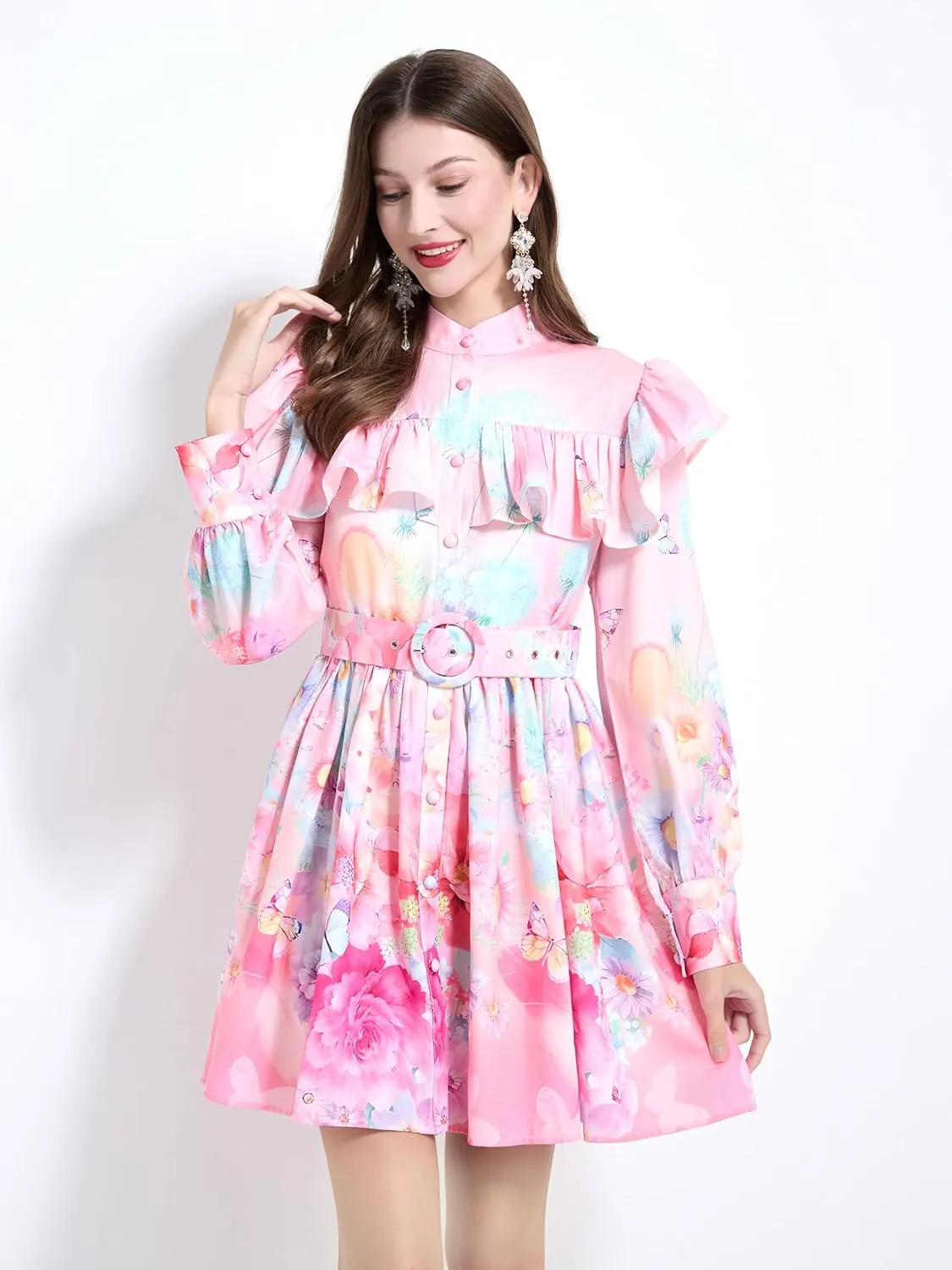 LAI MENG FIVE CATS Women's Floral Print Long Sleeve Button Ruffles Trendy Mini A-line Dress with Belt