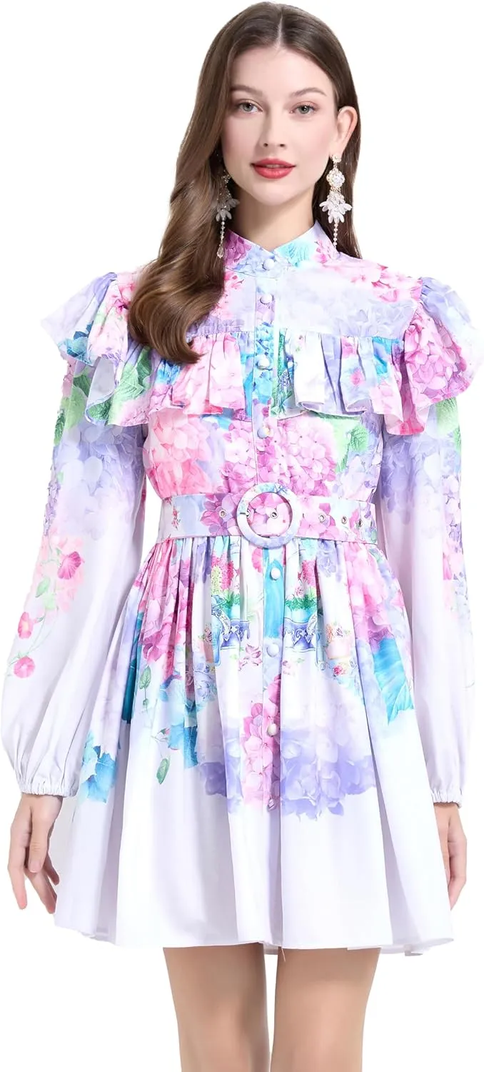 LAI MENG FIVE CATS Women's Floral Print Long Sleeve Button Ruffles Trendy Mini A-line Dress with Belt
