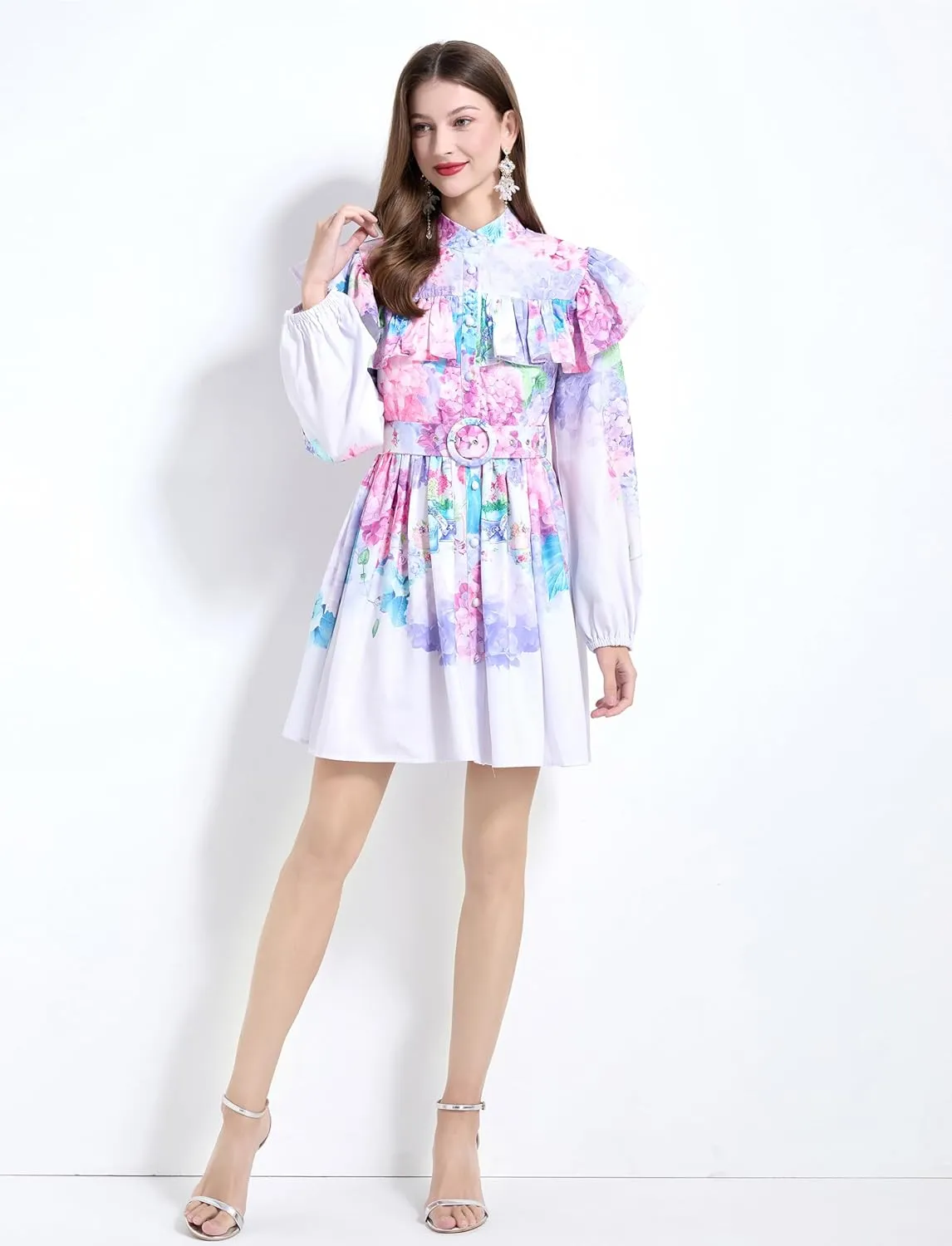 LAI MENG FIVE CATS Women's Floral Print Long Sleeve Button Ruffles Trendy Mini A-line Dress with Belt