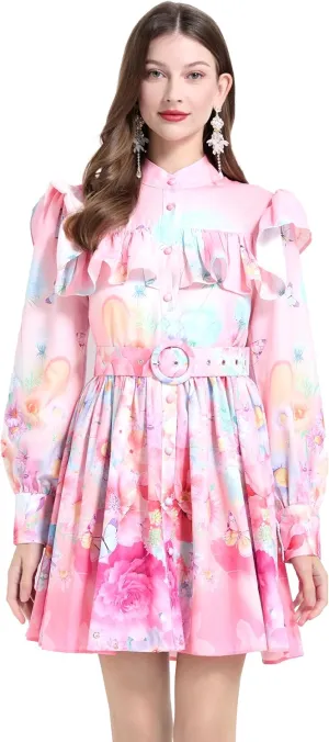 LAI MENG FIVE CATS Women's Floral Print Long Sleeve Button Ruffles Trendy Mini A-line Dress with Belt