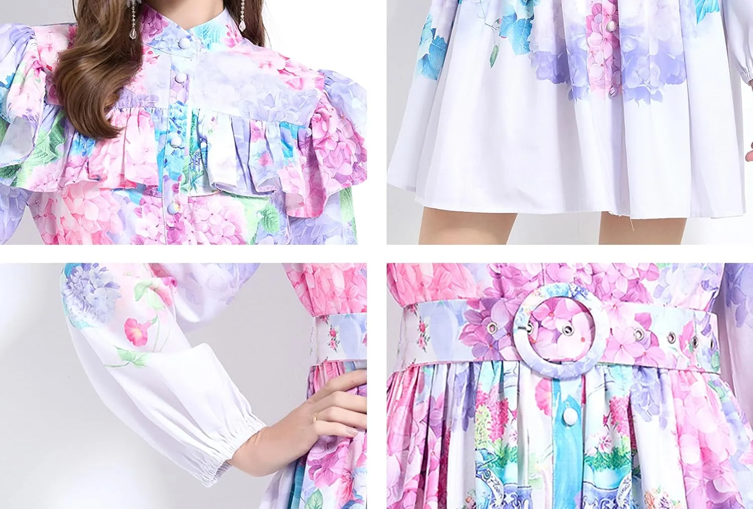 LAI MENG FIVE CATS Women's Floral Print Long Sleeve Button Ruffles Trendy Mini A-line Dress with Belt