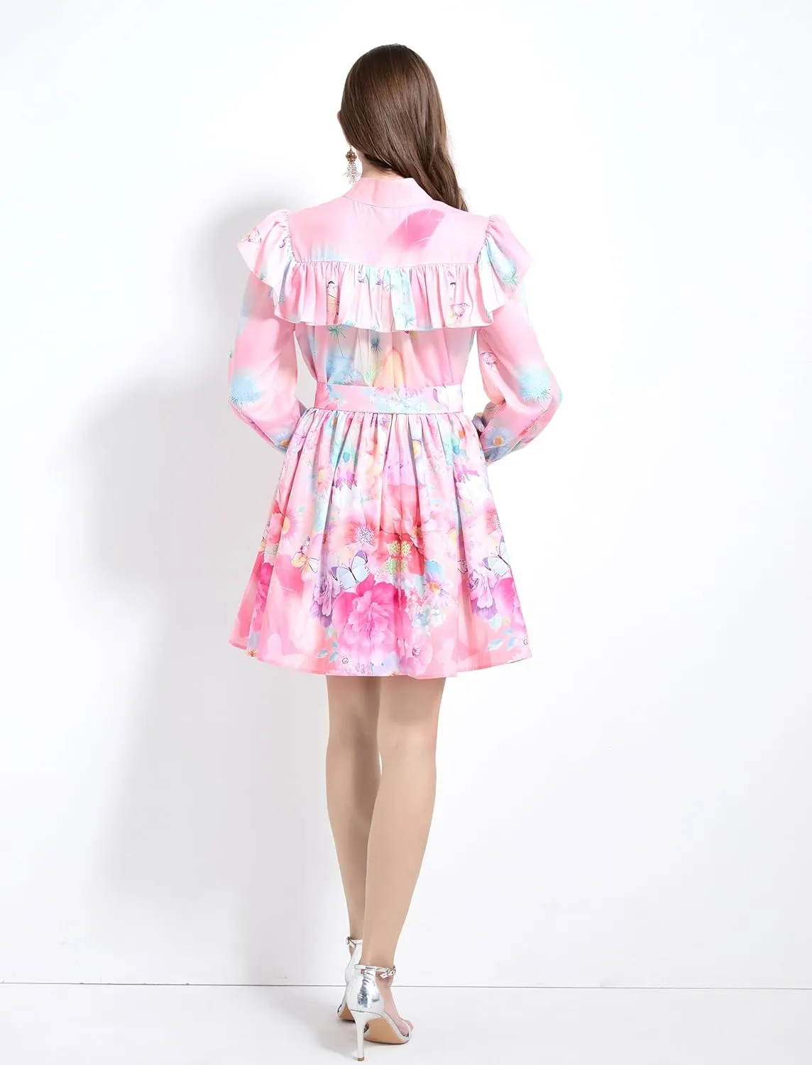 LAI MENG FIVE CATS Women's Floral Print Long Sleeve Button Ruffles Trendy Mini A-line Dress with Belt