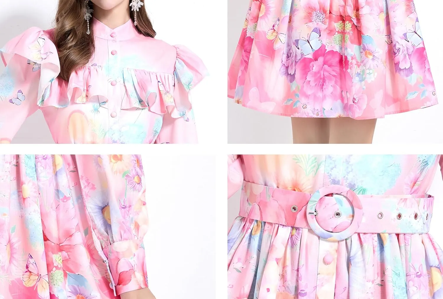 LAI MENG FIVE CATS Women's Floral Print Long Sleeve Button Ruffles Trendy Mini A-line Dress with Belt