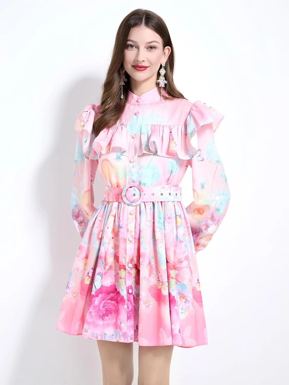 LAI MENG FIVE CATS Women's Floral Print Long Sleeve Button Ruffles Trendy Mini A-line Dress with Belt