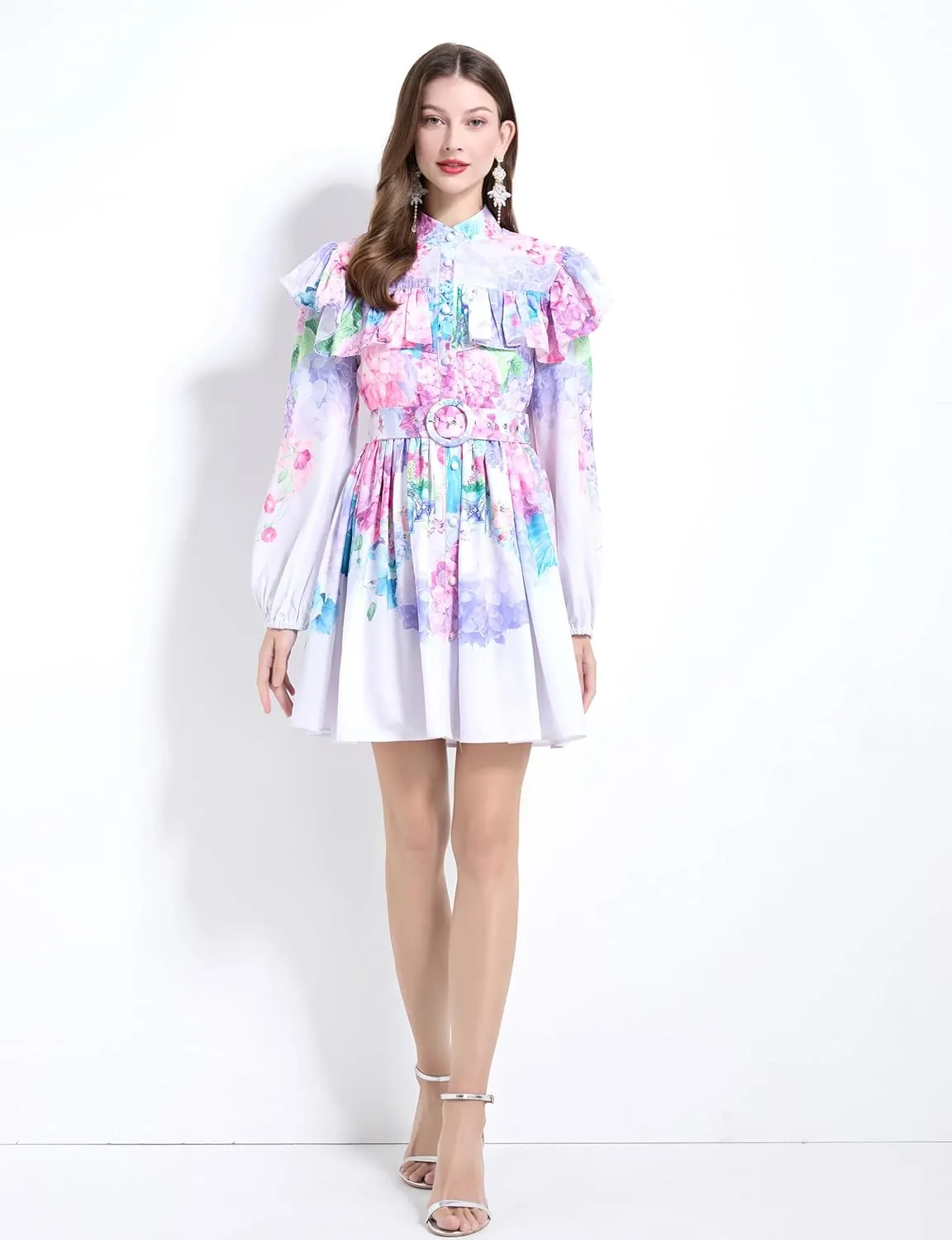 LAI MENG FIVE CATS Women's Floral Print Long Sleeve Button Ruffles Trendy Mini A-line Dress with Belt