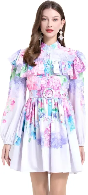 LAI MENG FIVE CATS Women's Floral Print Long Sleeve Button Ruffles Trendy Mini A-line Dress with Belt