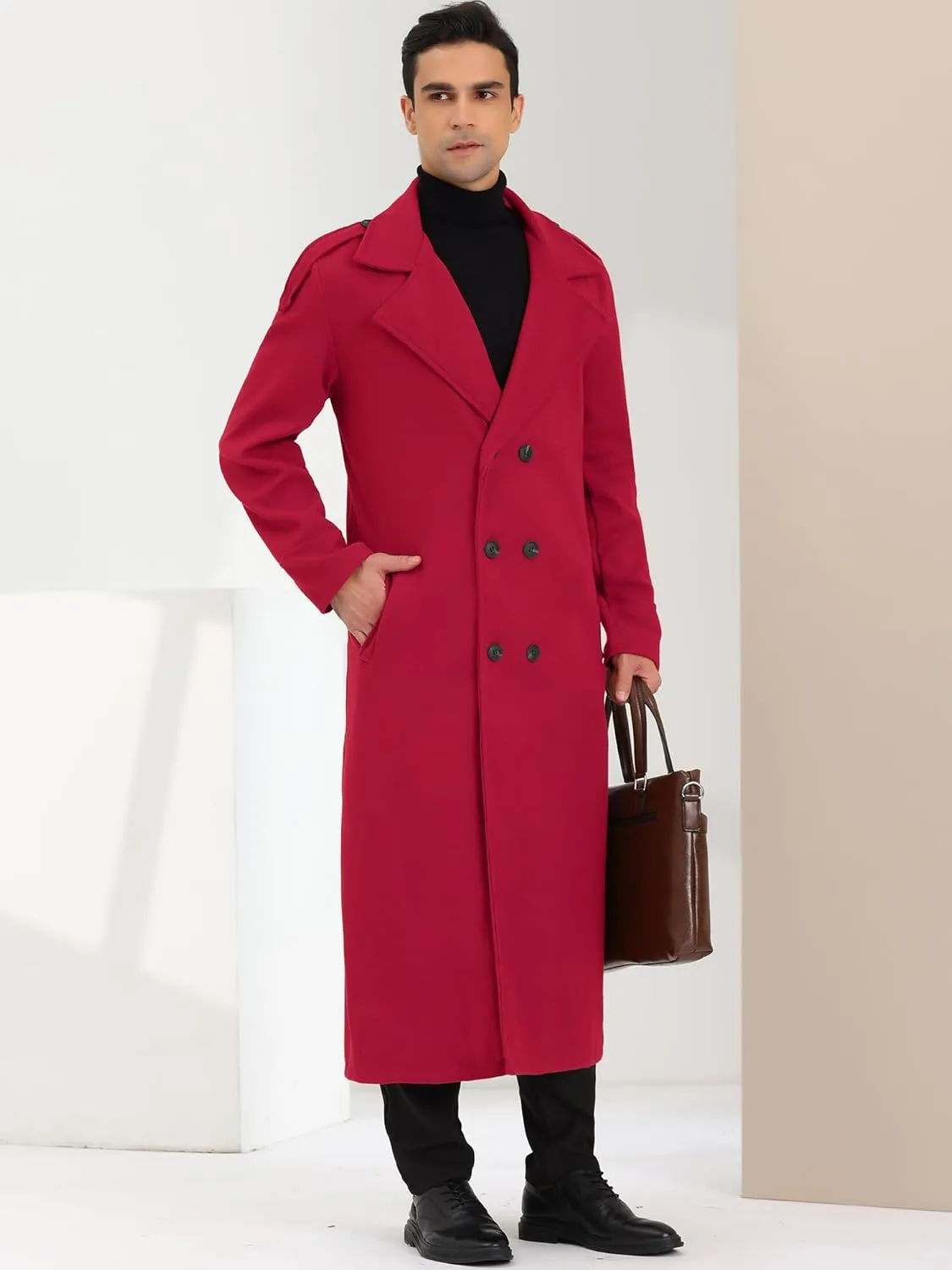 Lars Amadeus Men's Winter Pea Coat Notch Lapel Double Breasted Solid Color Overcoat
