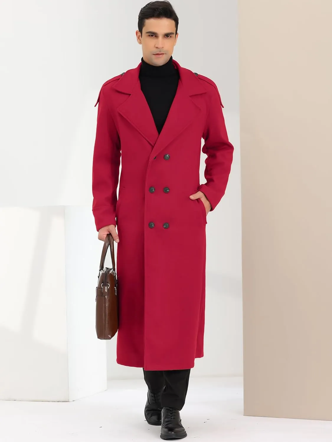 Lars Amadeus Men's Winter Pea Coat Notch Lapel Double Breasted Solid Color Overcoat