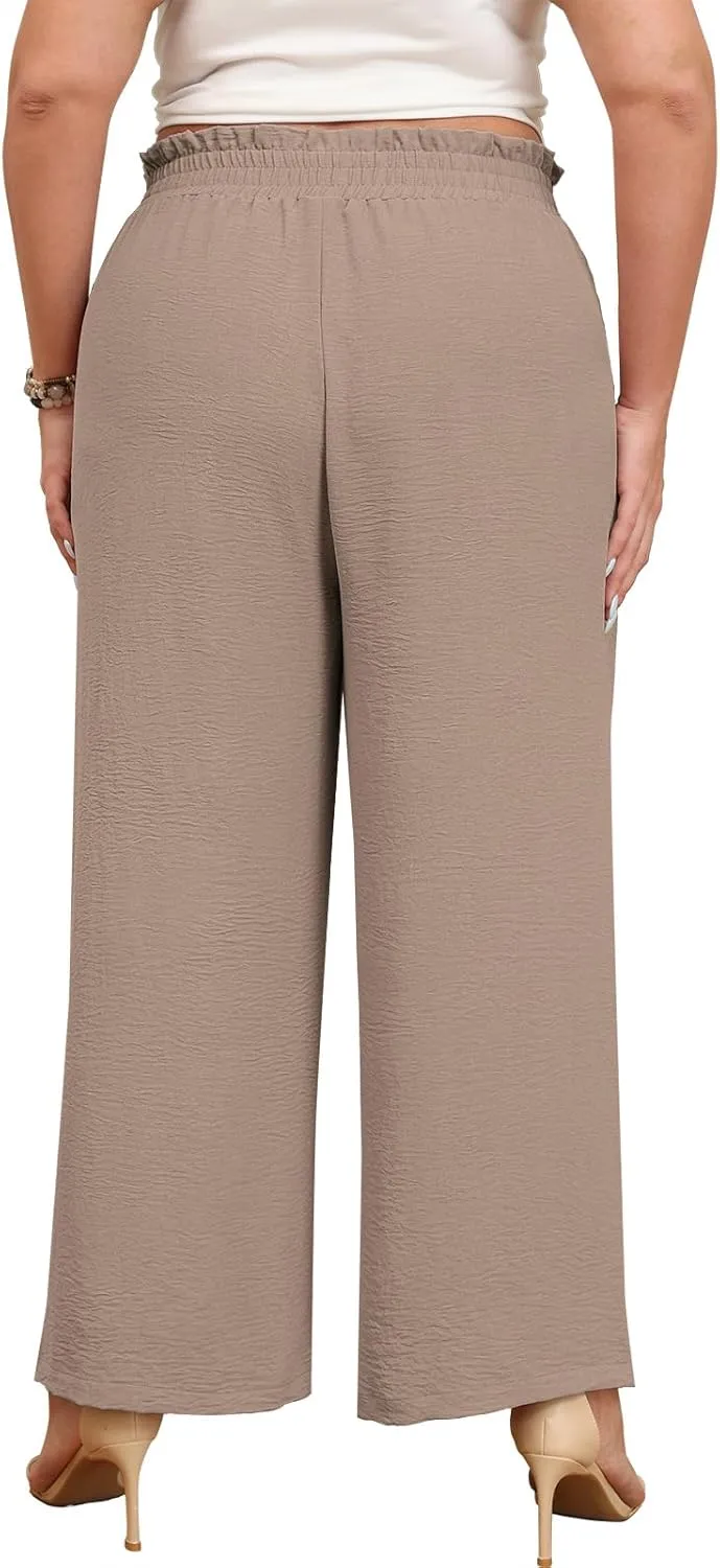 Lastshe Plus Size Summer Pants for Women Wide Leg Paper Bag Pants High Waisted Palazzo Work Casual Trousers