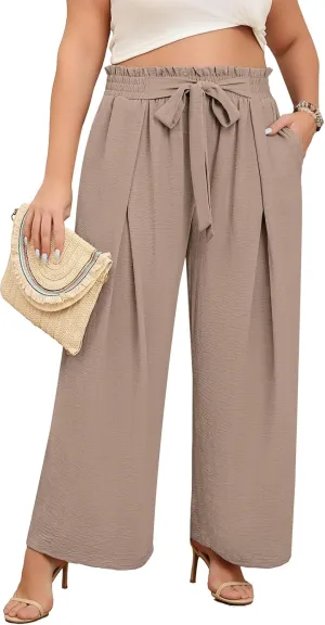 Lastshe Plus Size Summer Pants for Women Wide Leg Paper Bag Pants High Waisted Palazzo Work Casual Trousers