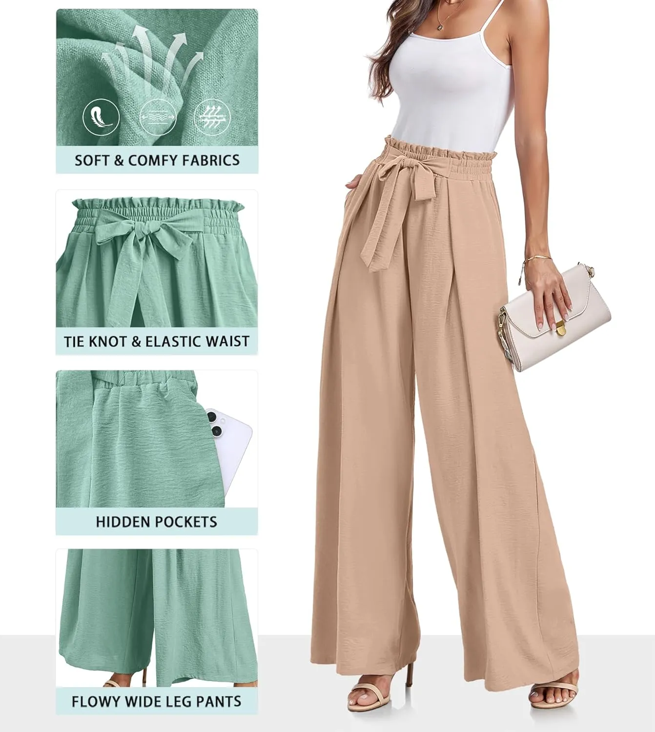 Lepunuo Wide Leg Pants for Women High Waisted Palazzo Pants Work Casual Flowy Tie Knot Trousers with Pockets