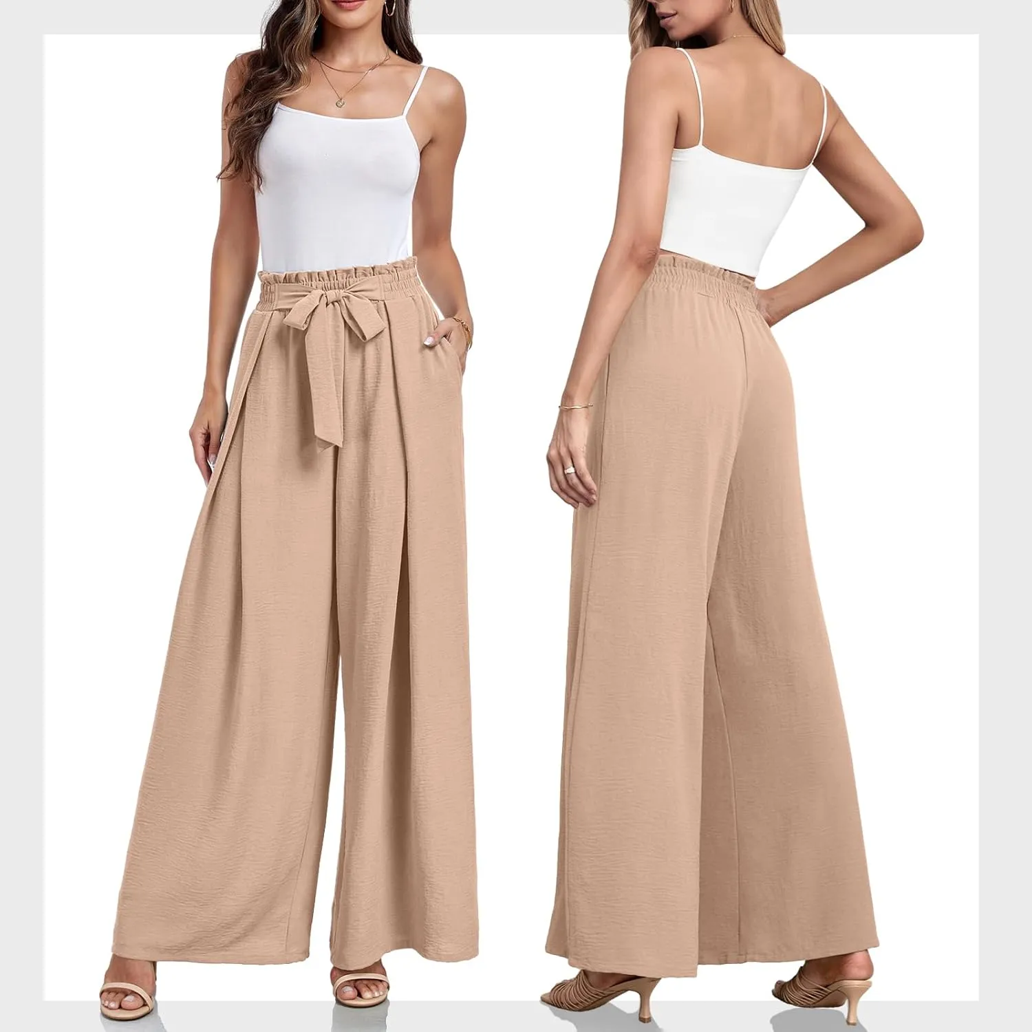Lepunuo Wide Leg Pants for Women High Waisted Palazzo Pants Work Casual Flowy Tie Knot Trousers with Pockets