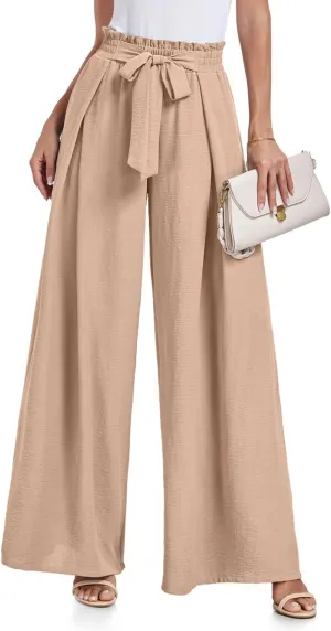 Lepunuo Wide Leg Pants for Women High Waisted Palazzo Pants Work Casual Flowy Tie Knot Trousers with Pockets