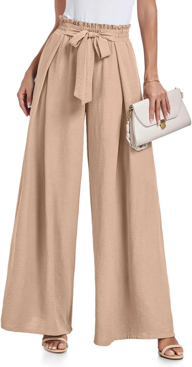 Lepunuo Wide Leg Pants for Women High Waisted Palazzo Pants Work Casual Flowy Tie Knot Trousers with Pockets