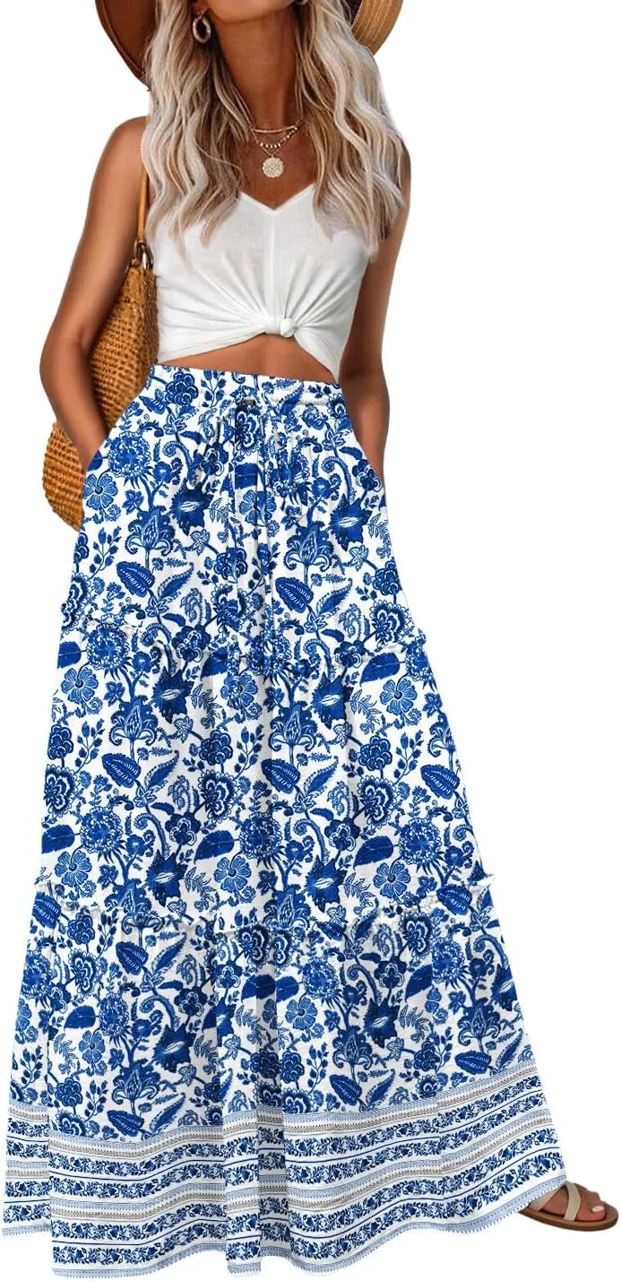 Lepunuo Womens Casual Boho High Waisted Flowy Maxi Skirts Trendy Floral Cute Long Skirts with Pockets