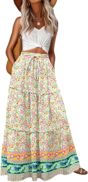 Lepunuo Womens Casual Boho High Waisted Flowy Maxi Skirts Trendy Floral Cute Long Skirts with Pockets