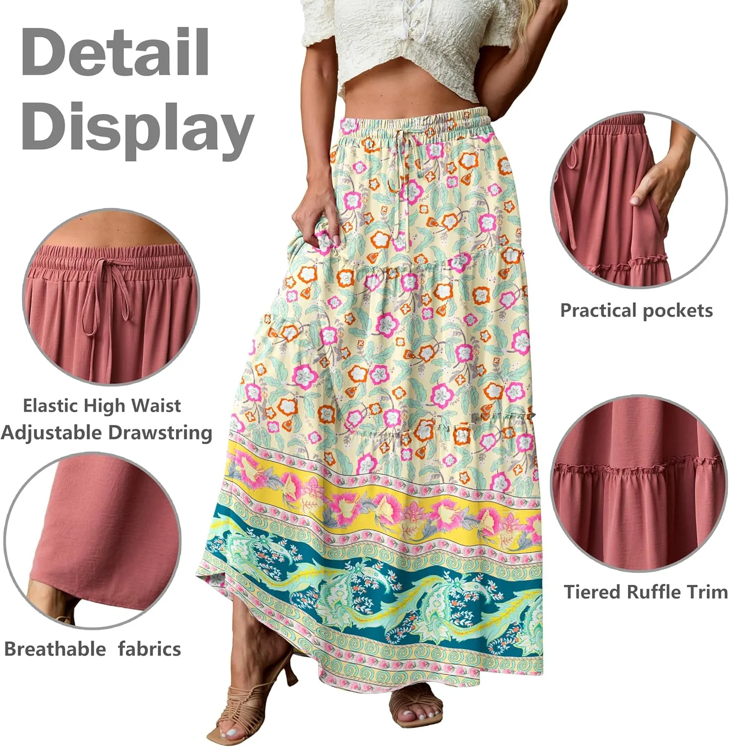 Lepunuo Womens Casual Boho High Waisted Flowy Maxi Skirts Trendy Floral Cute Long Skirts with Pockets