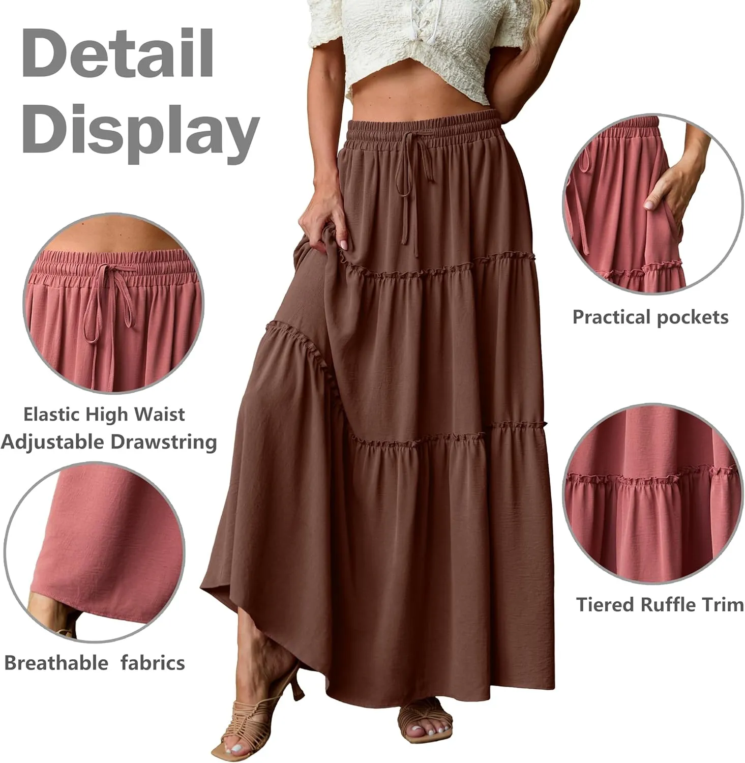 Lepunuo Womens Casual Boho High Waisted Flowy Maxi Skirts Trendy Floral Cute Long Skirts with Pockets